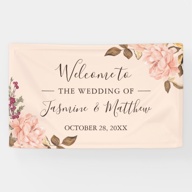 Elegant Blush Pink Wild Floral Wedding Party Banner (Horizontal)