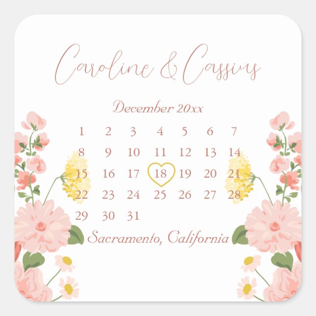 Elegant Blush Pink Wild Flower Wedding Calendar  Square Sticker (Front)