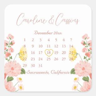 Elegant Blush Pink Wild Flower Wedding Calendar  Square Sticker