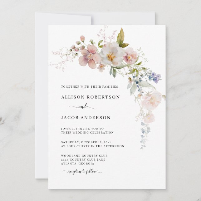 Elegant Blush Pink Wildflower Floral Wedding Invitation (Front)