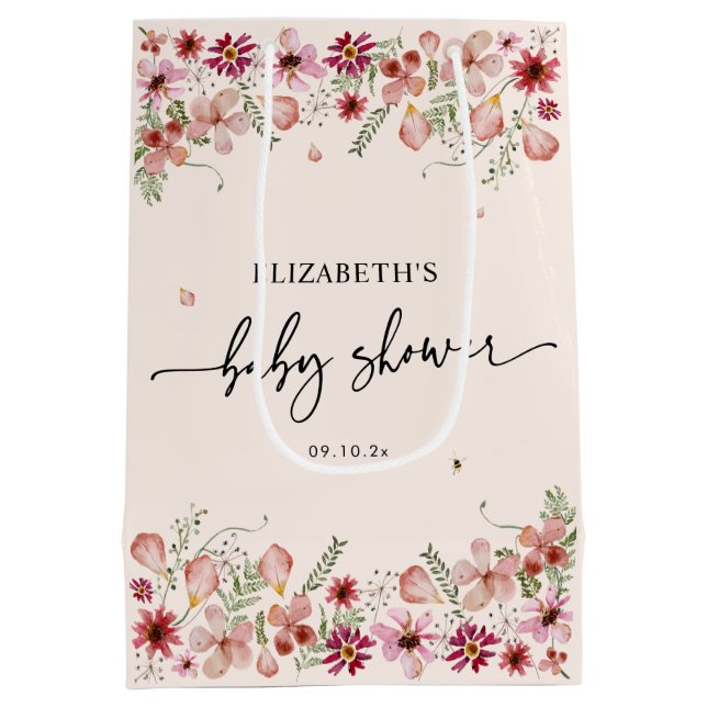 Elegant Blush Pink Wildflowers Baby Shower Medium Gift Bag (Back)
