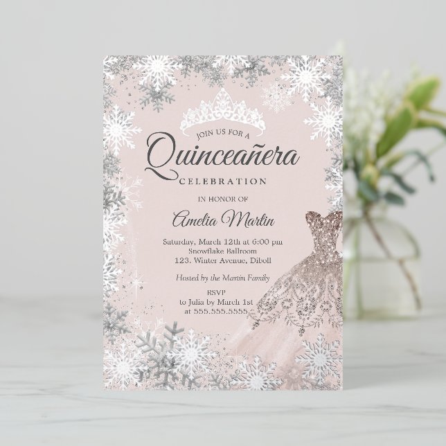 Elegant Blush Pink Winter Snowflake Quinceanera (Standing Front)