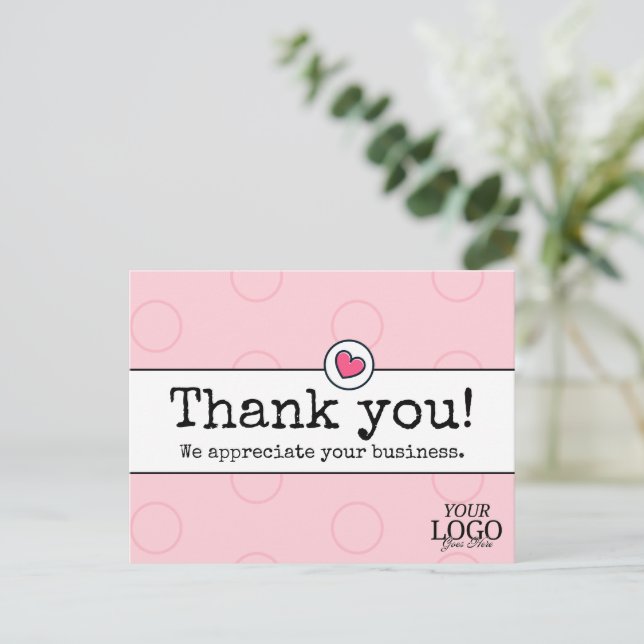 Elegant Blush Pink With Heart Business Thank You Postcard (Standing Front)