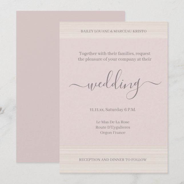 Elegant Blush Pink Wood Grain Stripes Chic Wedding Invitation (Front/Back)