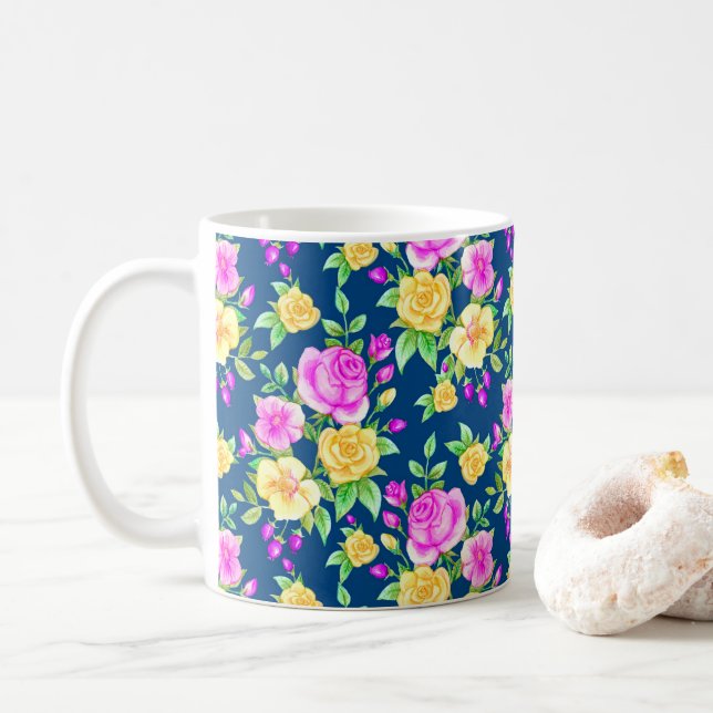 Elegant Blush Pink Yellow Rose Floral Pattern Coffee Mug (With Donut)