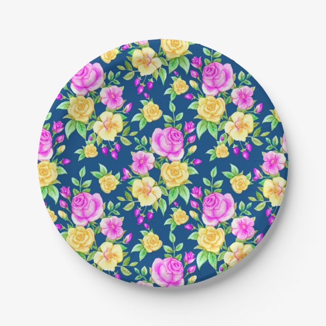 Elegant Blush Pink Yellow Rose Floral Pattern Paper Plate (Front)