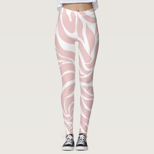 Elegant Blush Pink Zebra White Animal Print Leggings (Front)