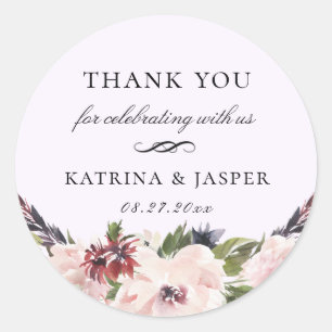 Elegant Blush Plum Floral Wedding Favour Classic Round Sticker