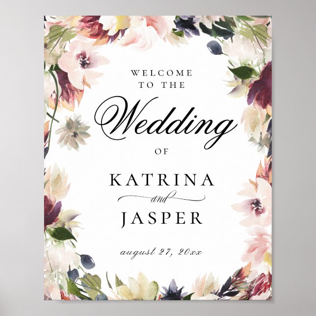 Elegant Blush Plum Floral Wedding Welcome Poster (Front)