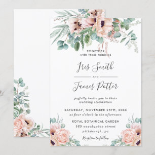 Elegant Blush Poppy Rose Floral Greenery Wedding Invitation