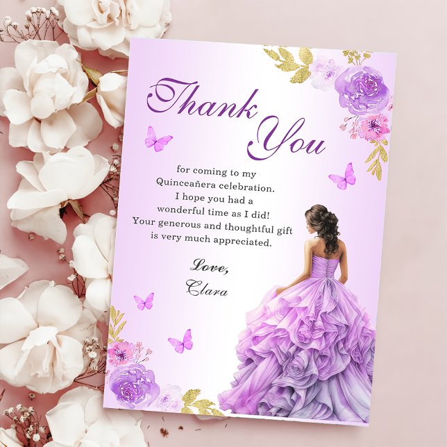 Elegant Blush Purple Floral Quinceañera Birthday Thank You Card (Creator Uploaded)