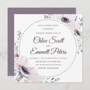 Elegant Blush Purple Floral Silver Wedding Invitation