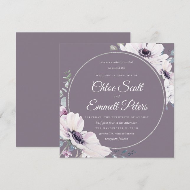 Elegant Blush Purple Floral Silver Wedding Invitation (Front/Back)