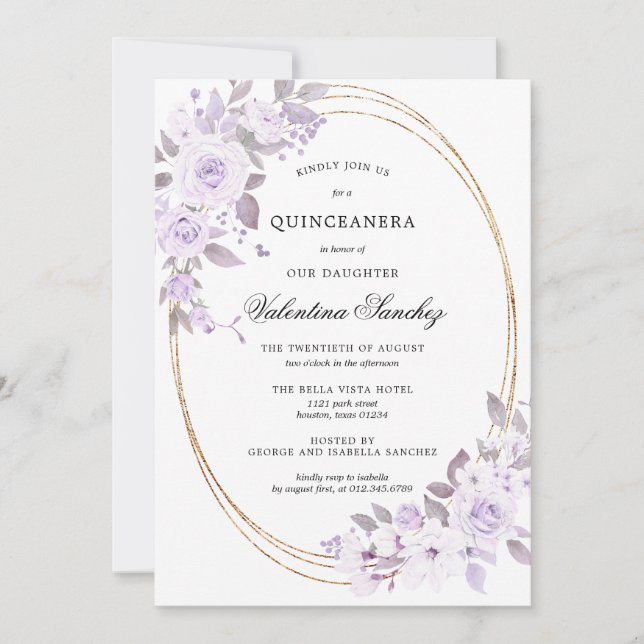 Elegant Blush Purple Rose floral Quinceanera Invitation (Front)