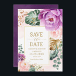 Elegant Blush Purple Tropical Floral Save the Date Invitation<br><div class="desc">This beautiful design features elegant watercolor tropical floral greenery in blush pink,  violet and gold.</div>