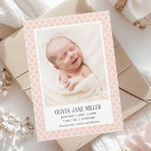 Elegant Blush Quatrefoil Photo Birth Announcement