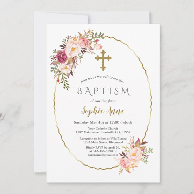 Elegant Blush Red Flowers Gold Girl Baptism Invitation (Front)