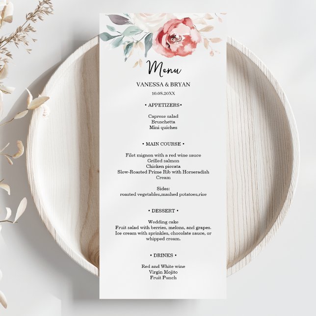 Elegant Blush Red Ivory Roses Wedding Menu (Creator Uploaded)