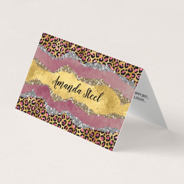 Elegant blush rose animal print glittery monogram business card (Front)