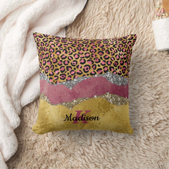 Elegant blush rose animal print glittery monogram cushion (Blanket)