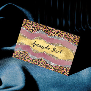 Elegant blush rose animal print glittery monogram  	Magnetic business card