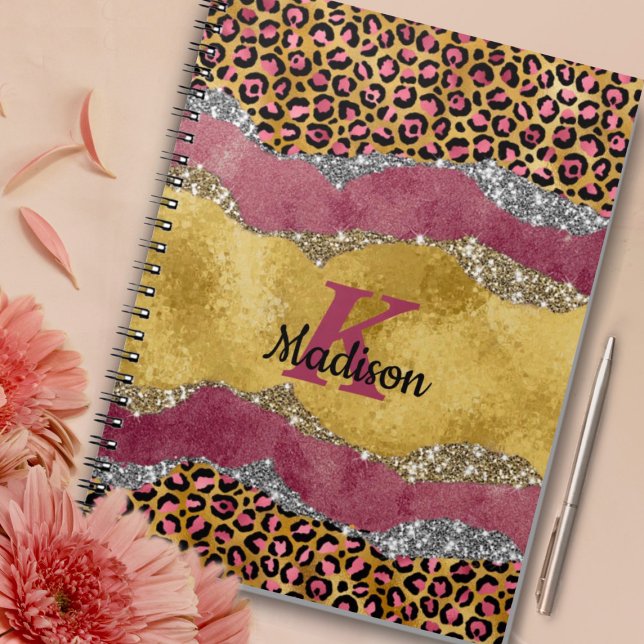 Elegant blush rose animal print glittery monogram notebook (Creator Uploaded)