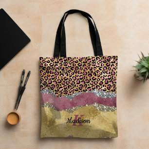 Elegant blush rose animal print glittery monogram tote bag