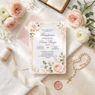 Elegant Blush Rose Botanical Bautismo Invitation