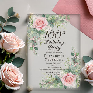 Elegant Blush Rose Eucalyptus 100th Birthday Party Acrylic Invitations