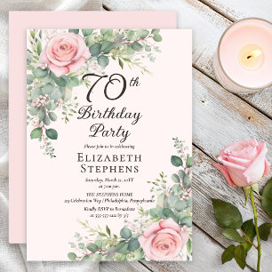 Elegant Blush Rose Eucalyptus 70th Birthday Party Invitation