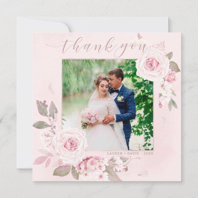Elegant Blush Rose Floral Wedding Photo Thank You (Front)
