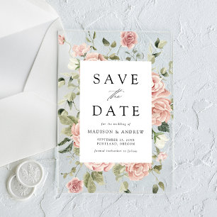 Elegant Blush Rose Garden Wedding Save the Date Acrylic Invitations