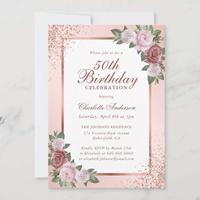 Elegant Blush Rose Gold Floral 50th Birthday Invitation (Front)