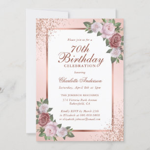 Elegant Blush Rose Gold Floral 70th Birthday Invitation