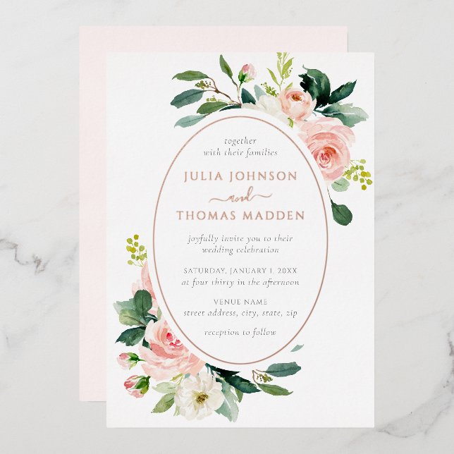 Elegant Blush Rose Gold Floral Wedding  (Front/Back)