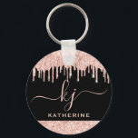 Elegant Blush Rose Gold Glitter Drips 2 Monogram  Key Ring<br><div class="desc">Girly, Elegant, Sylish Blush Rose Gold Glitter Drips 2 Monogram Script custom personalised name monogrammed keychain on black. Featuring a modern luxury faux blush pink rose gold glitter dripping frame, a large double hand lettered monogram script font with swashes (large size initials), and a serif type font name in pink...</div>