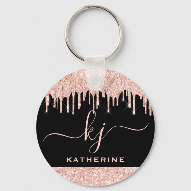 Elegant Blush Rose Gold Glitter Drips 2 Monogram  Key Ring (Front)