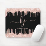 Elegant Blush Rose Gold Glitter Drips 2 Monogram  Mouse Mat<br><div class="desc">Girly, Elegant, Sylish Blush Rose Gold Glitter Drips 2 Monogram Script custom personalised name monogrammed mousepad on black. Featuring a modern luxury faux blush pink rose gold glitter dripping frame, a large double hand lettered monogram script font with swashes (large size initials), and a serif type font name in pink...</div>