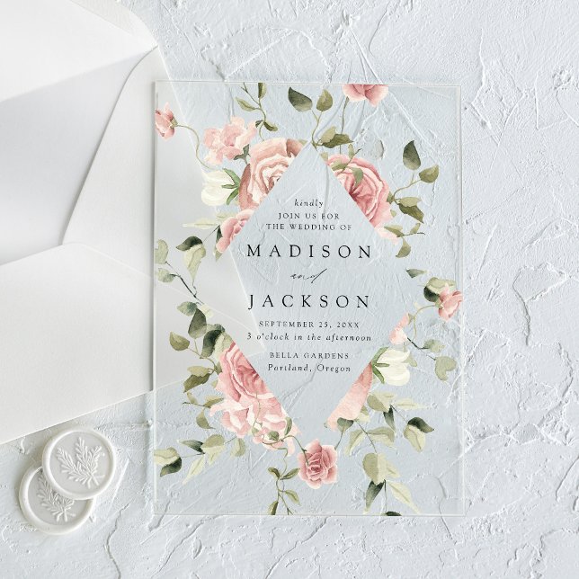 Elegant Blush Roses and Greenery Wedding Acrylic Invitations (Creator Uploaded)