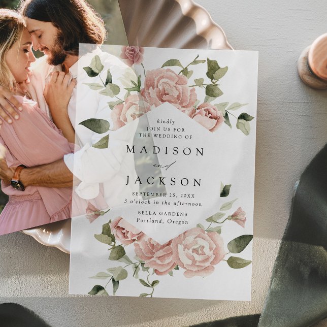 Elegant Blush Roses and Greenery Wedding Vellum Invitations (Creator Uploaded)
