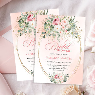 Elegant Blush Roses Bridal Shower Gold Invitation