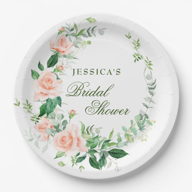 Elegant Blush Roses Floral Greenery Bridal Shower Paper Plate (Front)