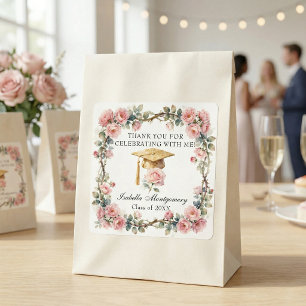 Elegant Blush Roses Gold Cap Graduation Thank You Square Sticker