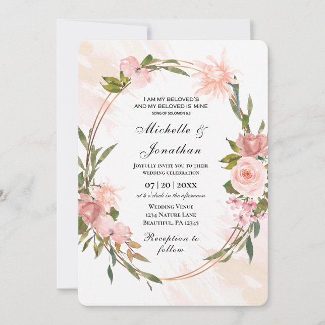 Elegant Blush Roses Gold Frame Christian Wedding Invitation (Front)