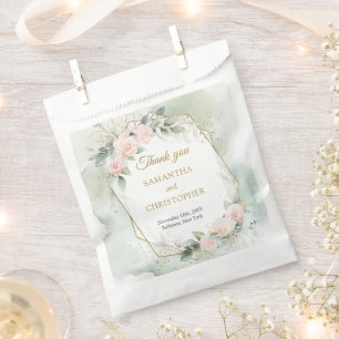 Elegant blush roses greenery and gold wedding favour bags