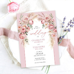 Elegant Blush Roses Pampas Grass Floral Wedding Invitation