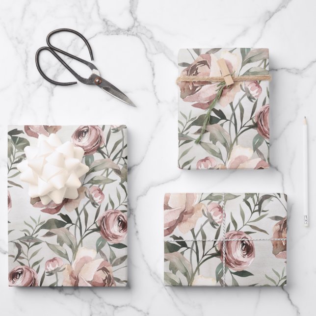 Elegant Blush Roses Ranunculus Vine Floral Wrapping Paper Sheet (Front)