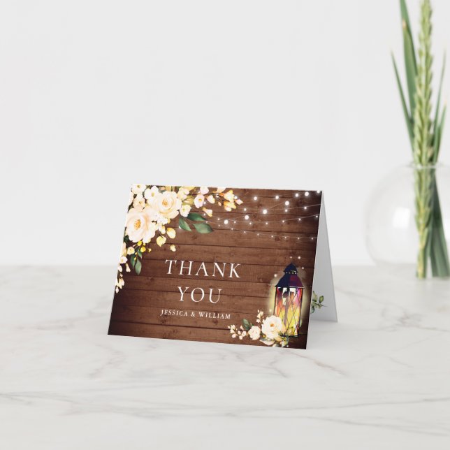 Elegant Blush Roses Rustic Wood Lantern Thank You Card (Front)