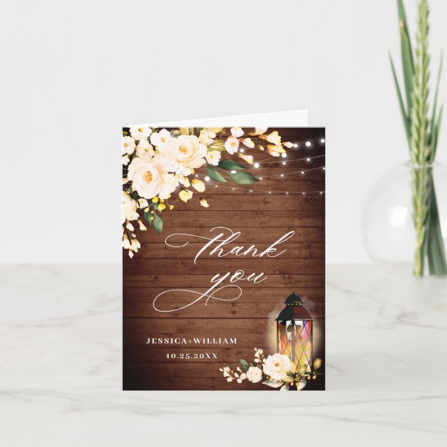 Elegant Blush Roses Rustic Wood Lantern Thank You Card (Front)
