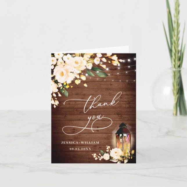 Elegant Blush Roses Rustic Wood Lantern Thank You Card (Front)